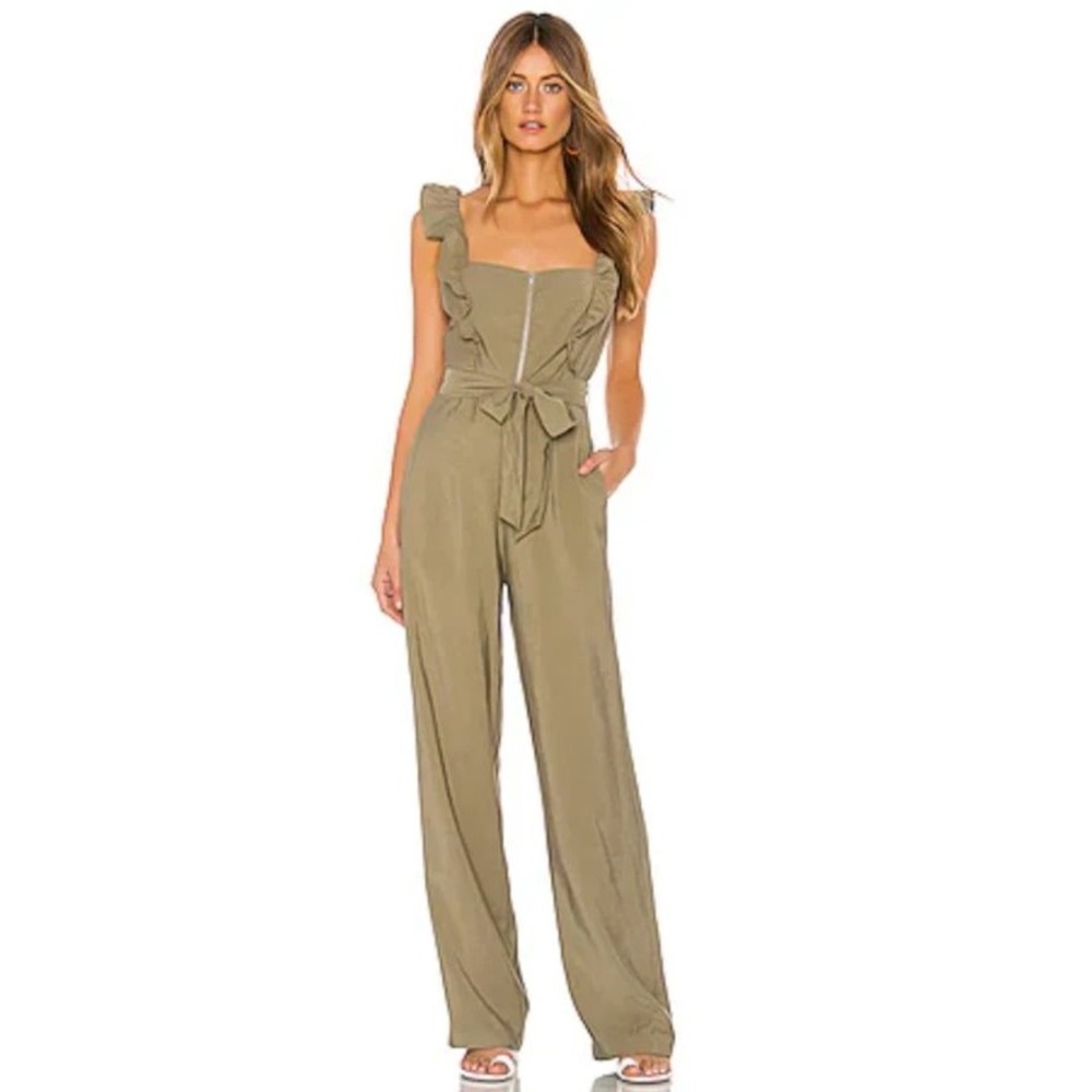 TULAROSA Olive Green Ruffle Strap Belted Wide Leg Jumpsuit Women's Size Large‎